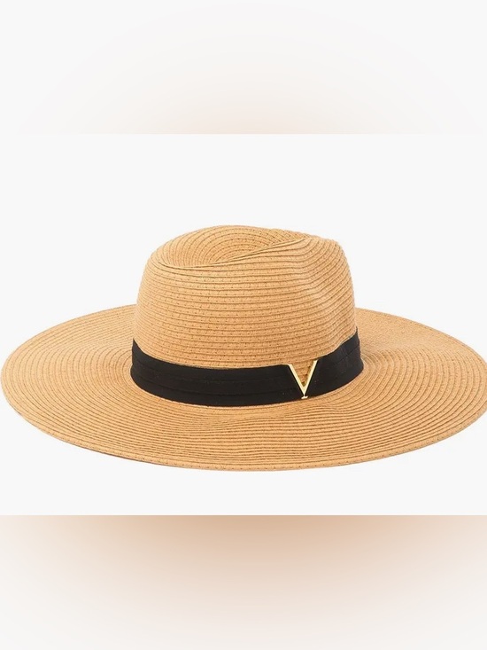 Vince Camuto Accessories - Vince Camuto Panama Straw Hat with Black Gross grain Band Gold V Accent